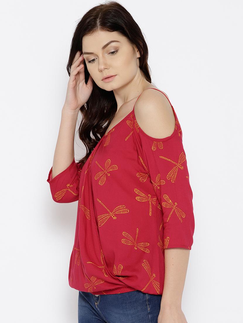 cold shoulder overlap printed top - 15669770 -  Standard Image - 1