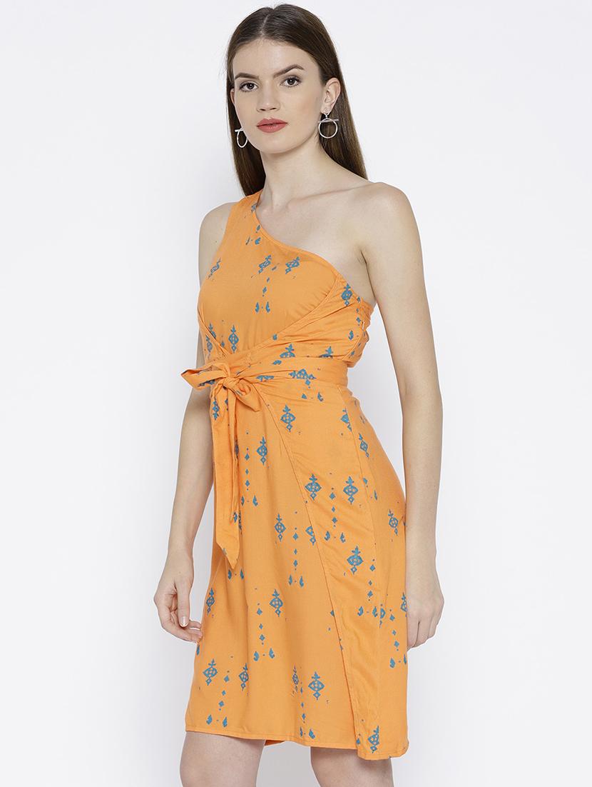 one shoulder overlap cross tie printed dress - 15670216 - Standard Image - 1