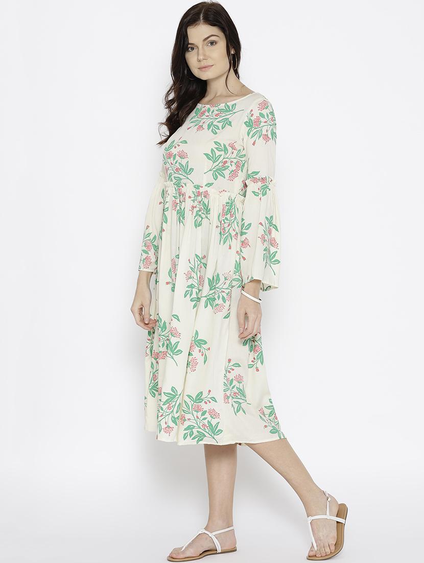 frill trim block print bell sleeved dress - 15670223 - Standard Image - 1