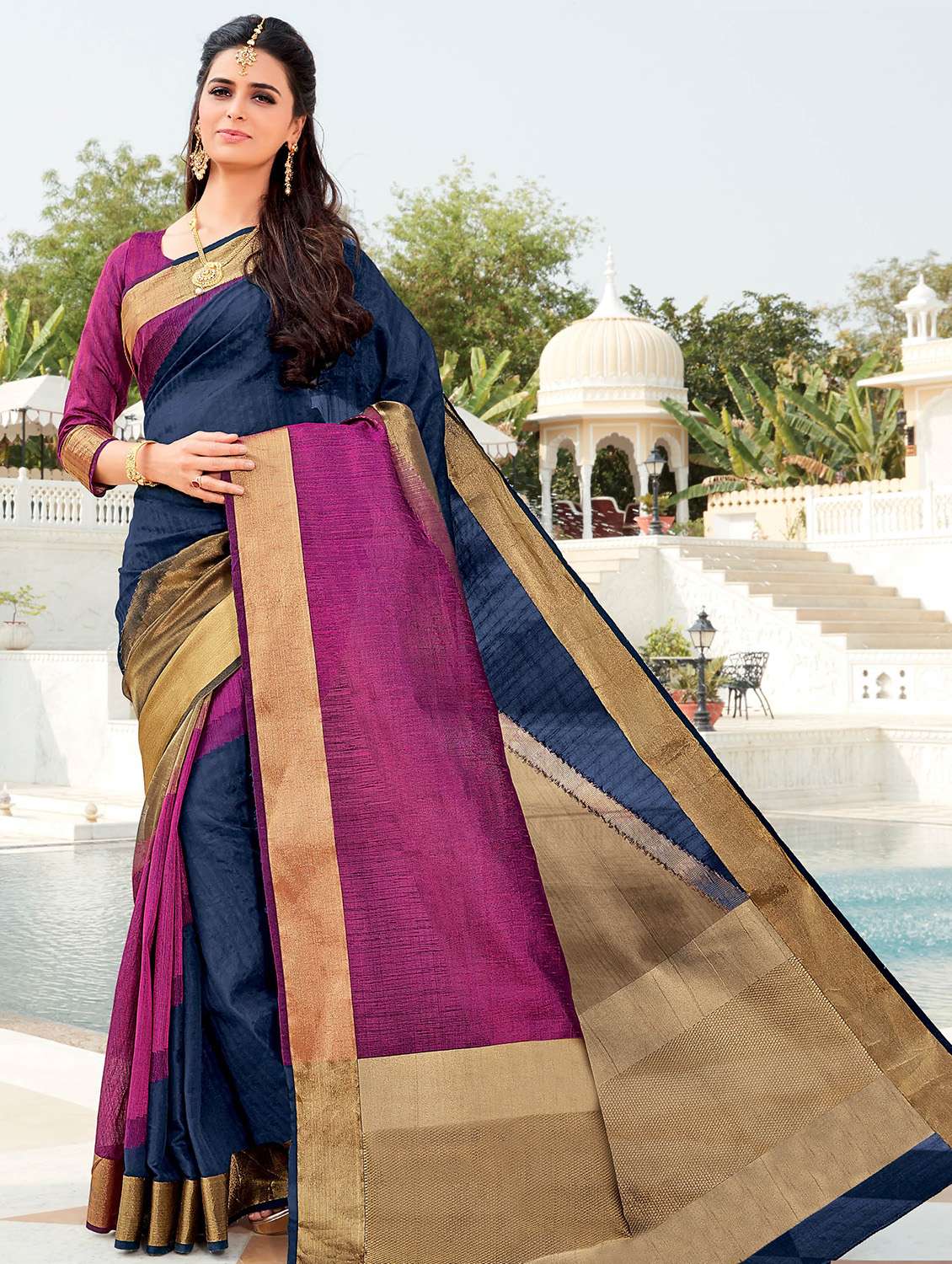 color block banarasi saree with blouse