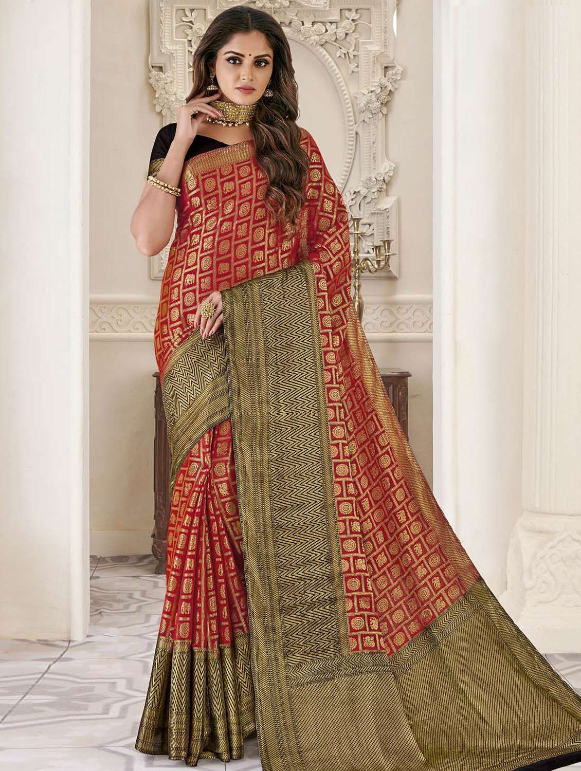 conversational zari motif woven saree with blouse