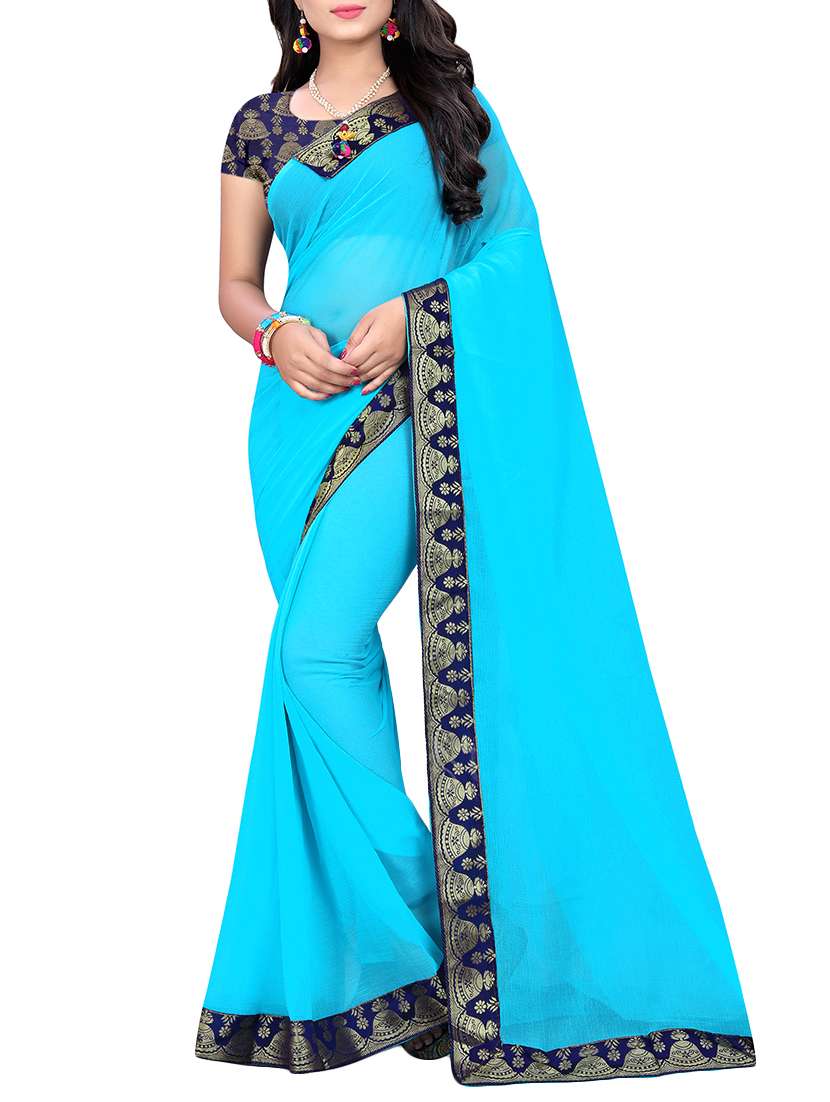women's bordered royal blue colored saree with blouse