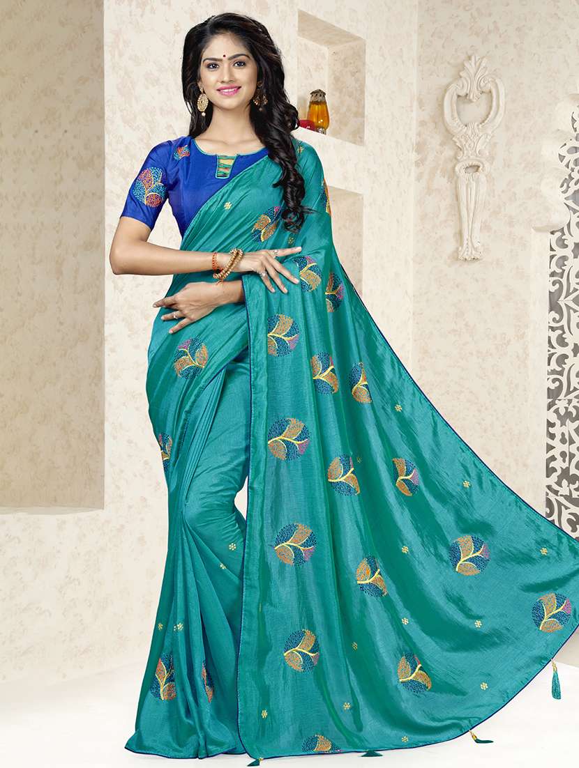 turquoise silk embroidered saree