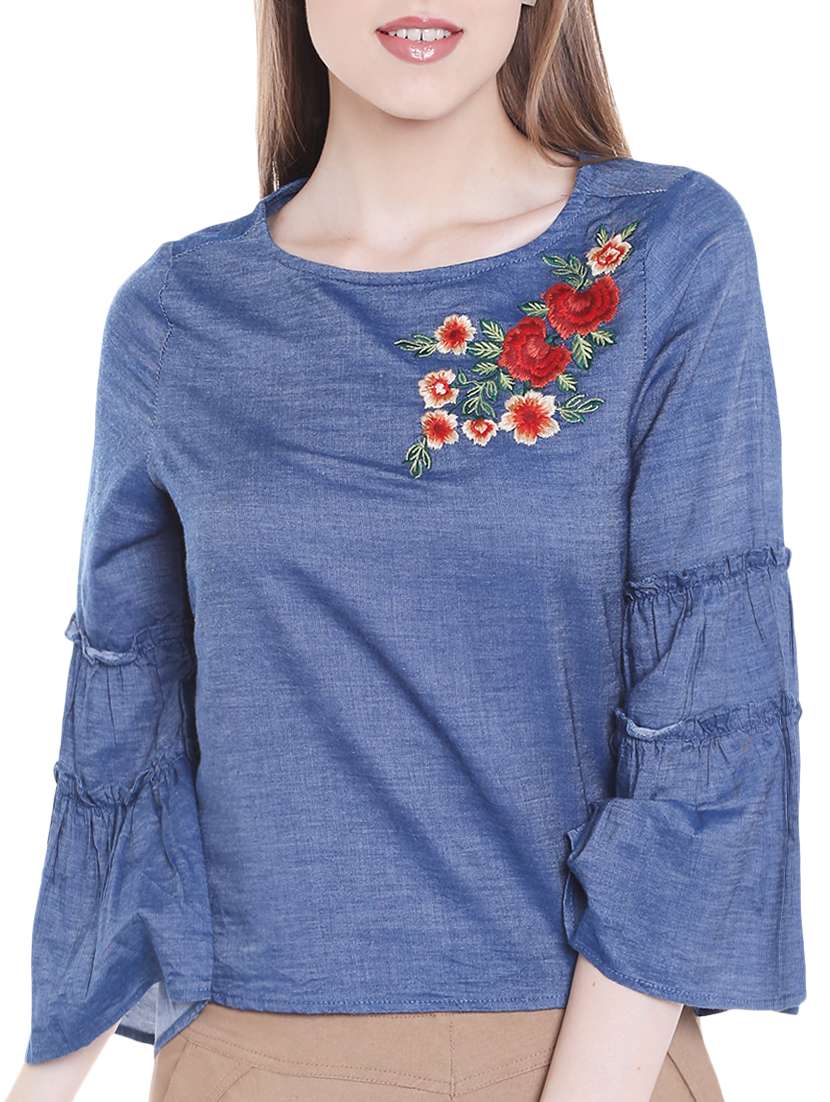 frill trim sleeved embroidered top