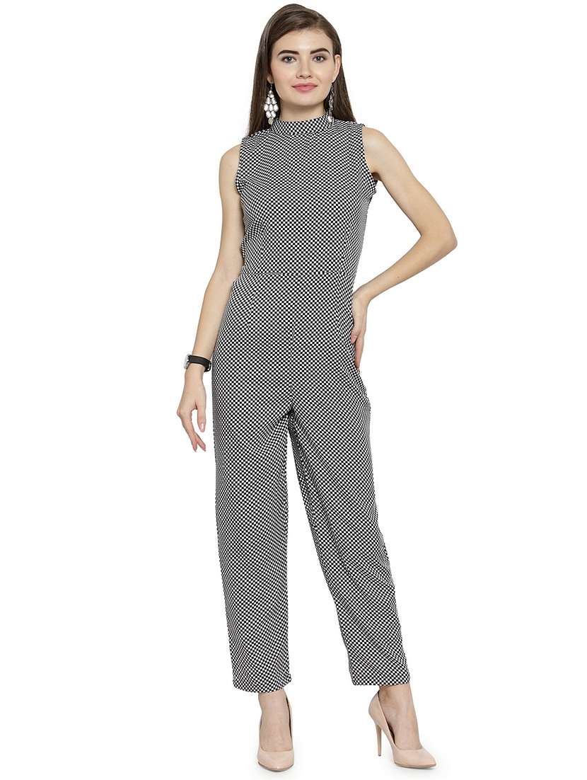 mock neck checkered full leg jumpsuit