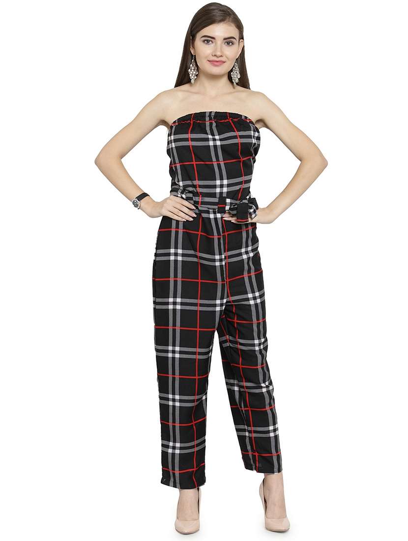 checkered belted tube jumpsuit