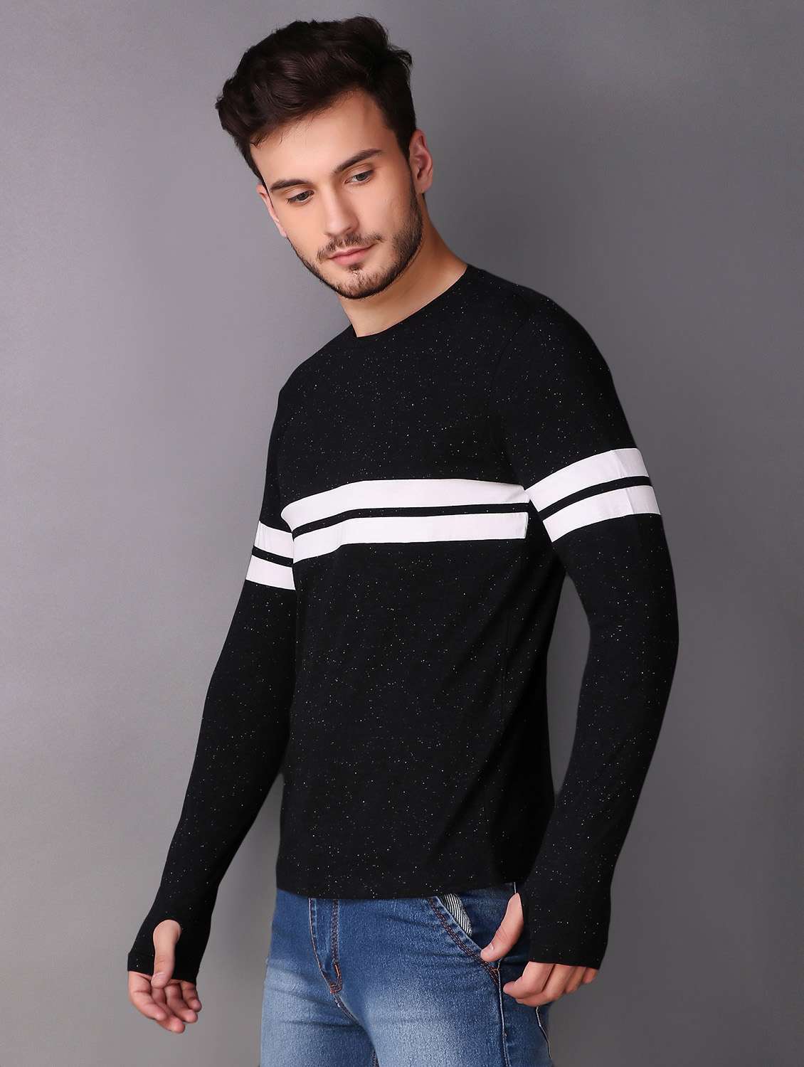 black cotton thumb hole t-shirt - 15676140 -  Standard Image - 1