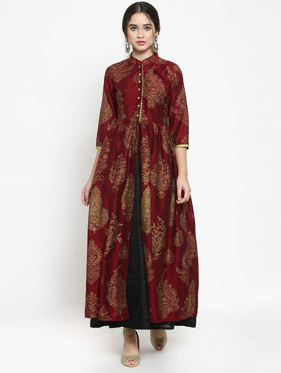 high slit foil print silk gotta work kurta