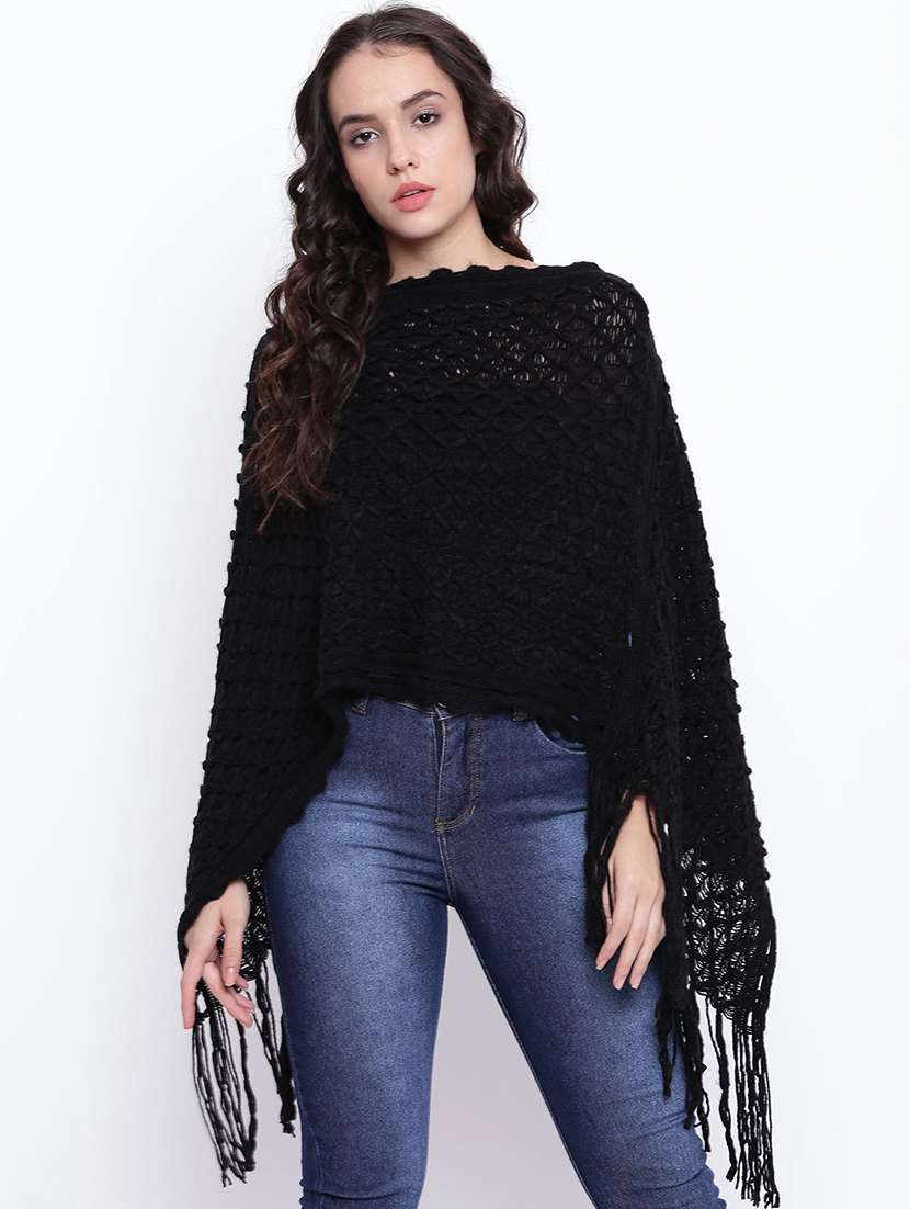 fringe detail woolen poncho
