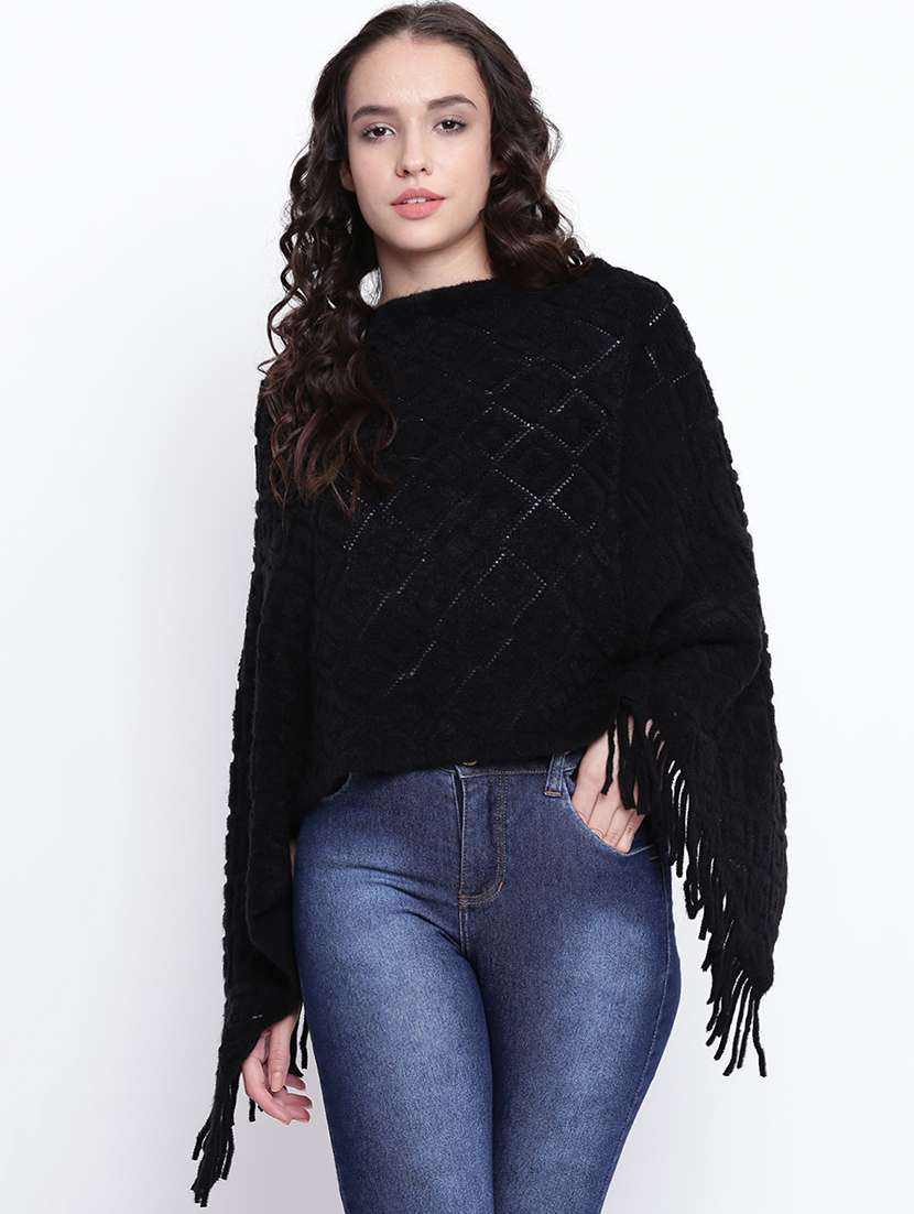 fringe detail woolen poncho