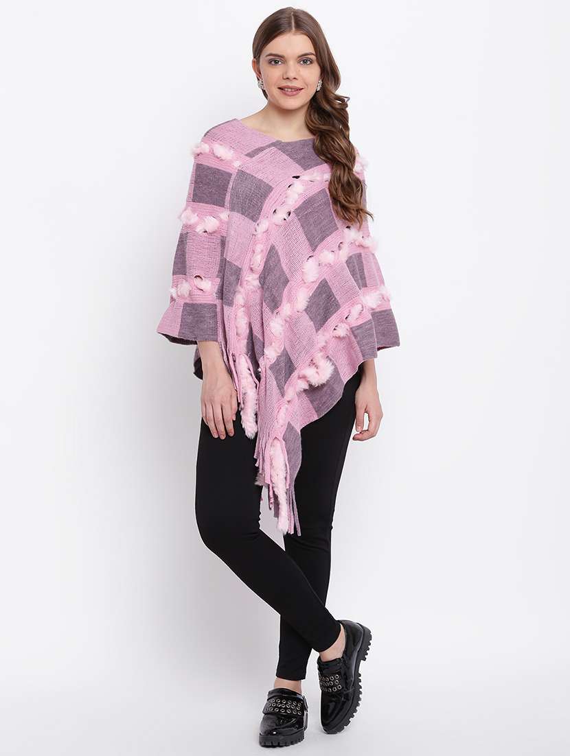 fringed hem fur detail poncho