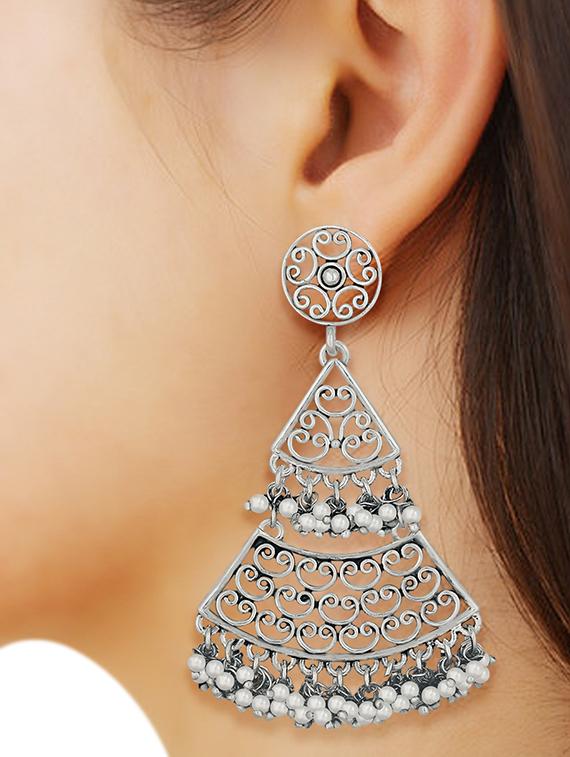women silver pearls detailed chandelier earrings - 15678650 - Zoom Image - 0