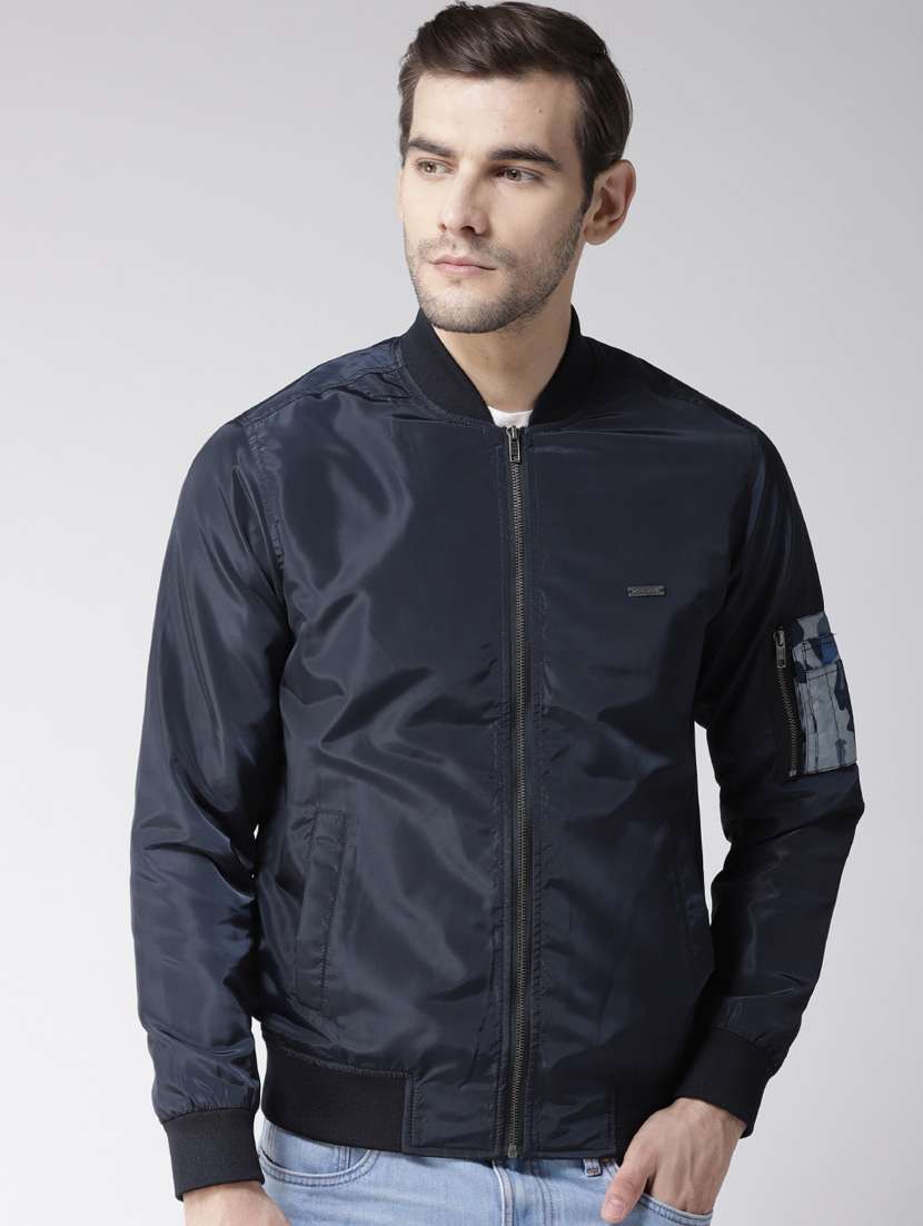 navy blue polyester bomber jacket