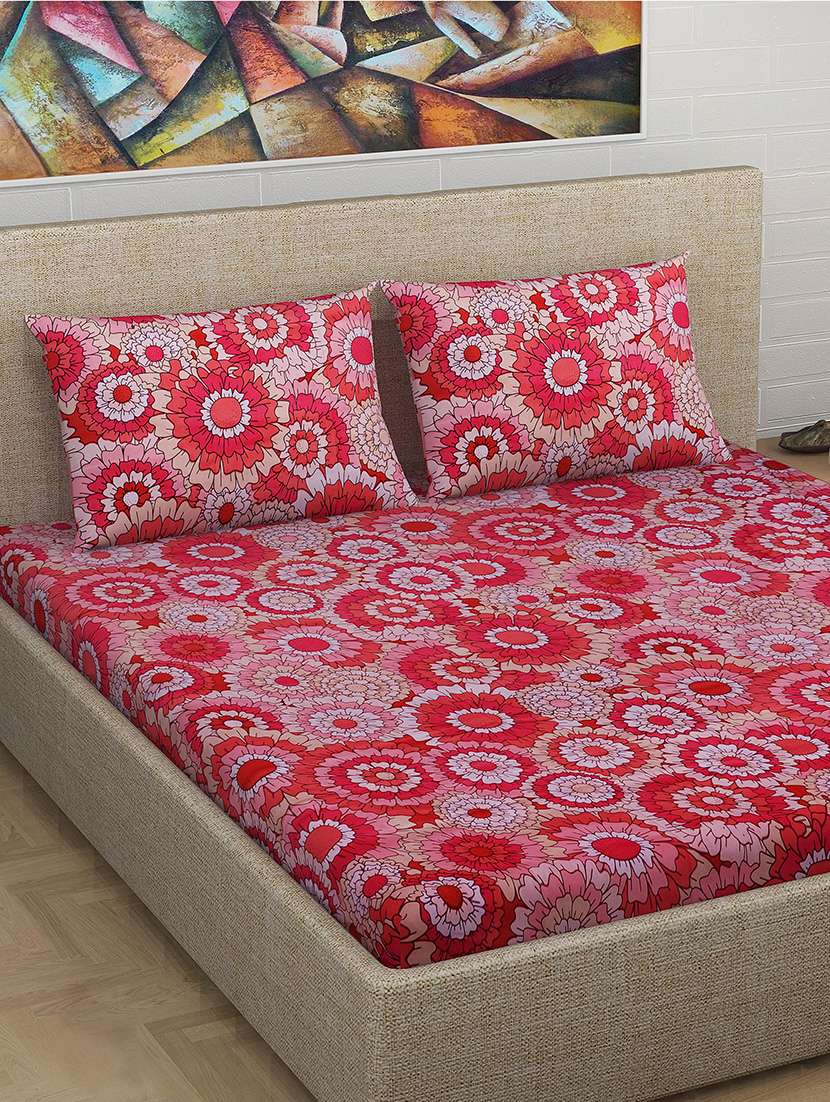 100% cotton floral 240 tc premium 1 pc double bedsheet with 2 pillow covers , red