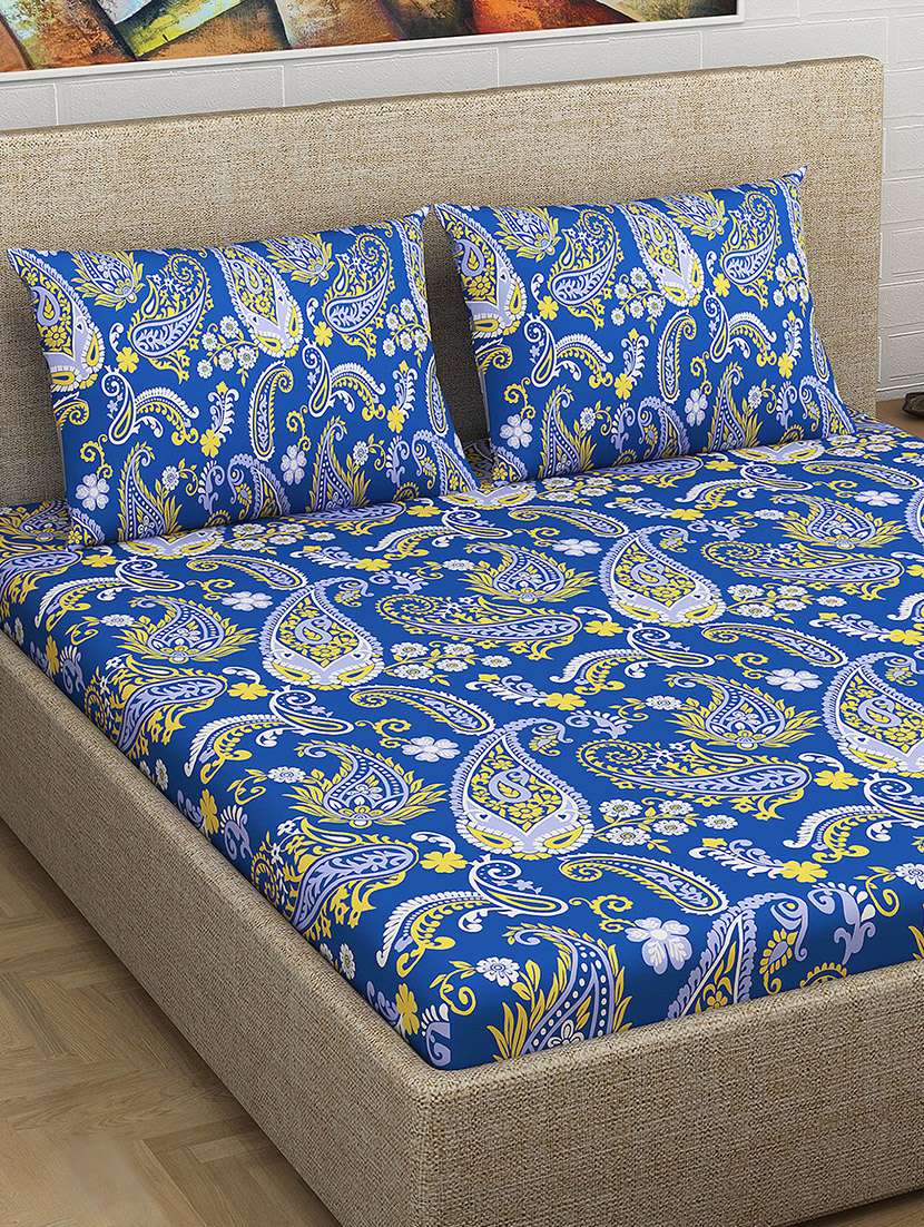 100% cotton paisley 240 tc premium 1 pc double bedsheet with 2 pillow covers , blue