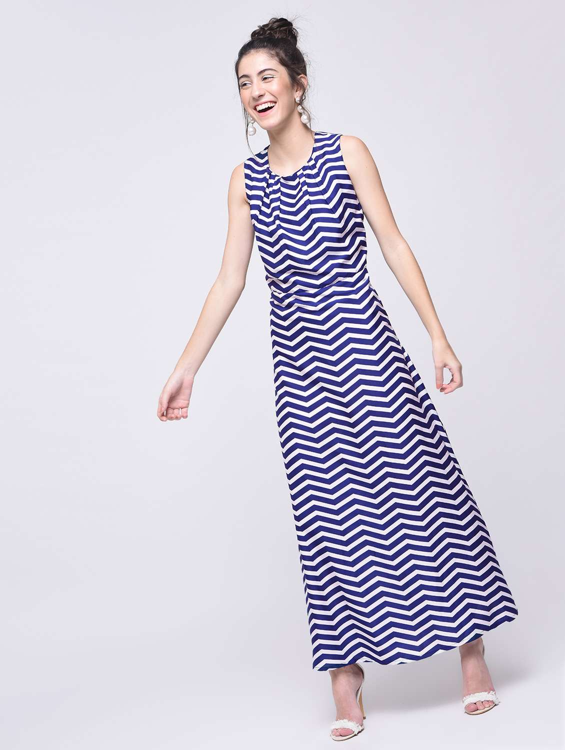 pleated neck chevron maxi dress