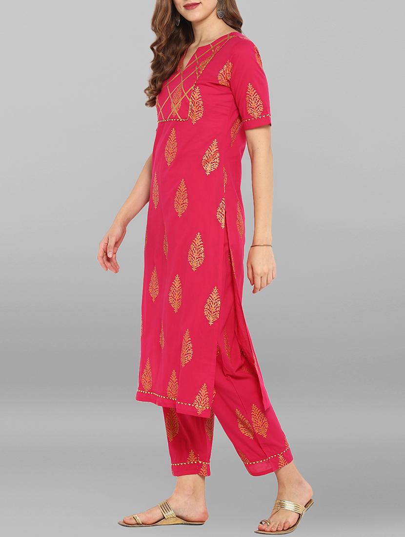 fuchsia gota patti foil printed kurta & palazzo set - 15692320 - Standard Image - 1