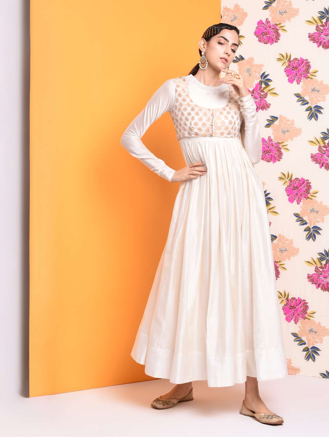 brocade yoke chanderi flared kurta