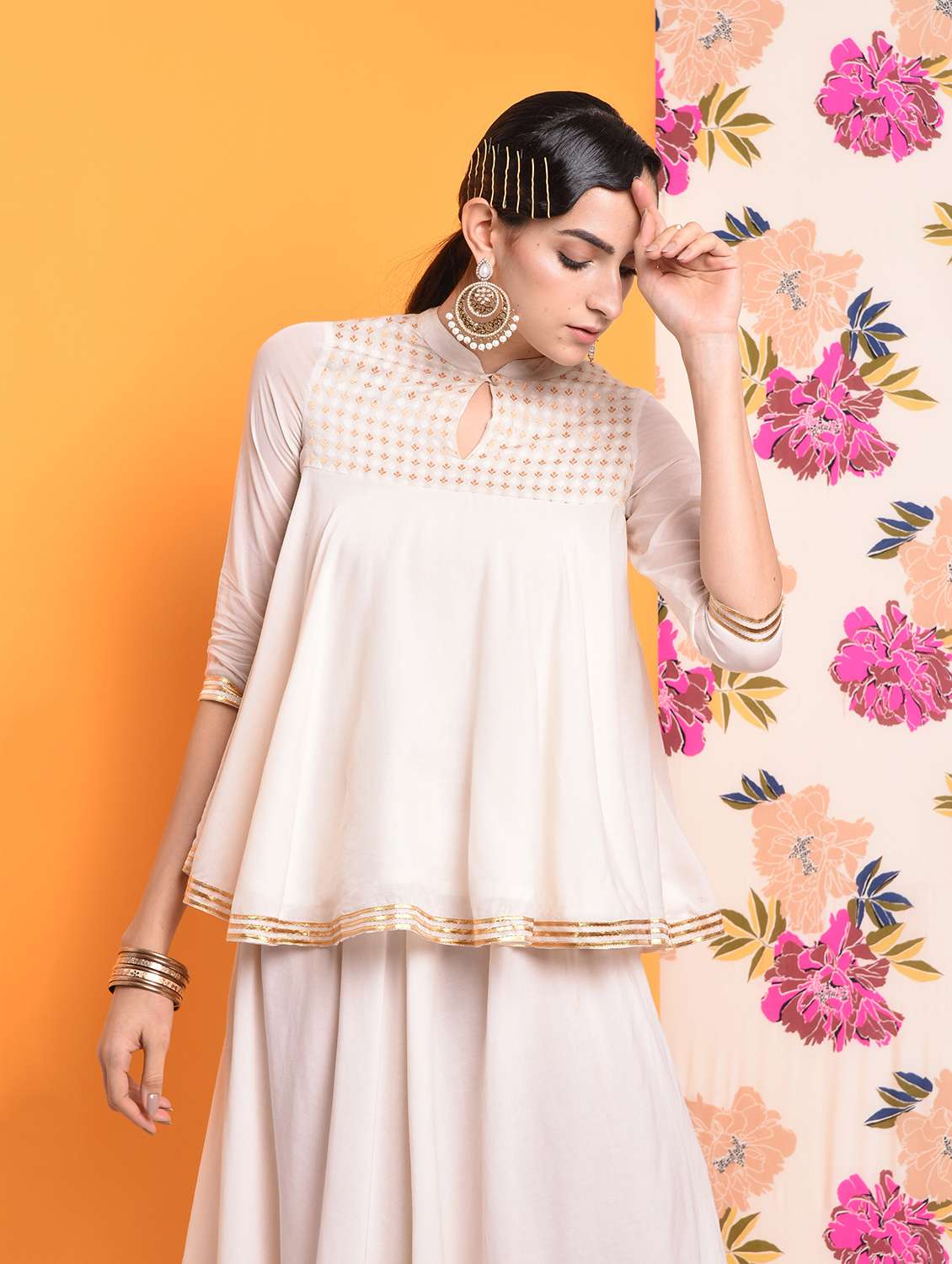 cream chanderi flared gotta work kurti