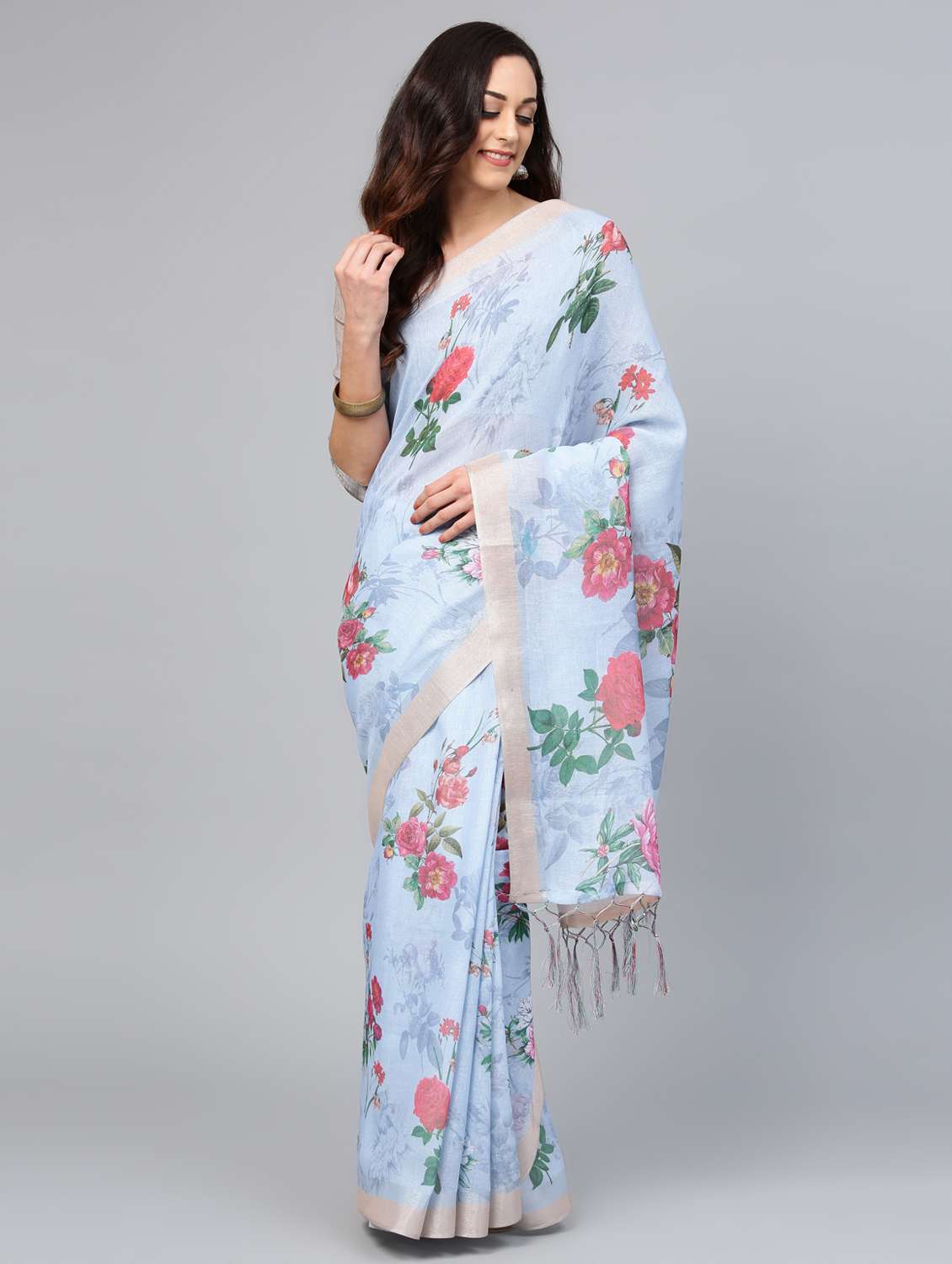 floral digital printed linen saree with blouse
