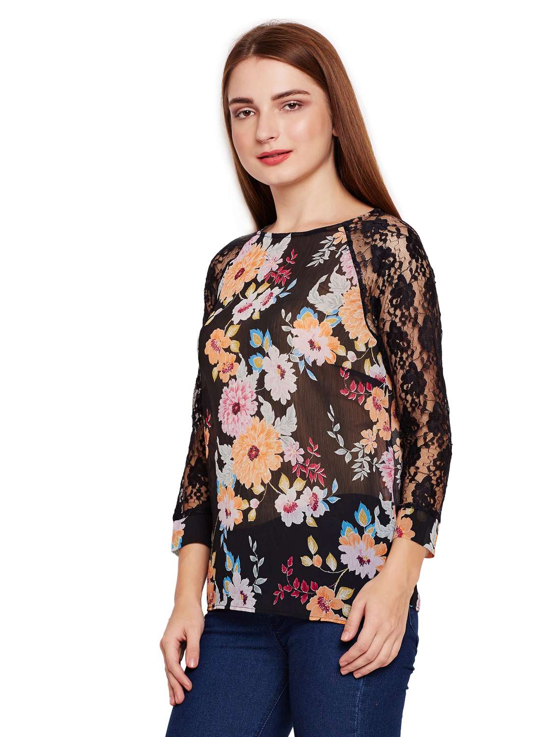 raglan sleeved sheer floral top - 15695574 -  Standard Image - 1