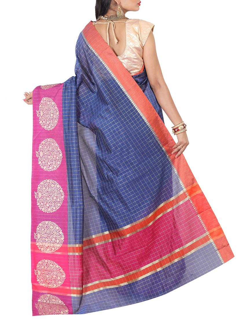 contrast border checkered banarasi saree with blouse - 15695653 -  Standard Image - 1