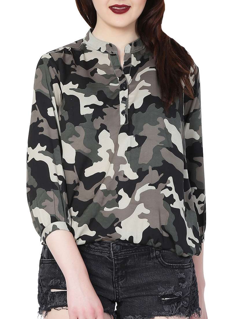 button detail camouflage blouson top