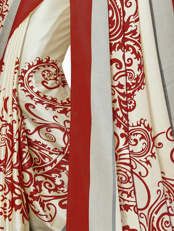 contrast placement printed white saree with blouse - 15698721 -  Standard Image - 1