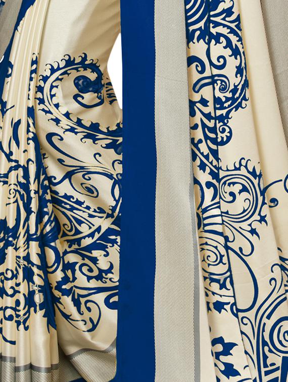 contrast placement printed white saree with blouse - 15698723 -  Standard Image - 1