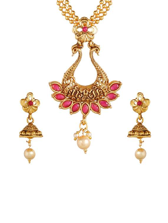 gold metal necklaces and earring