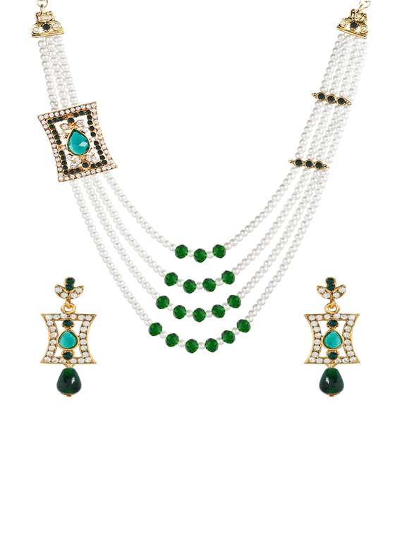 green metal necklaces and earring