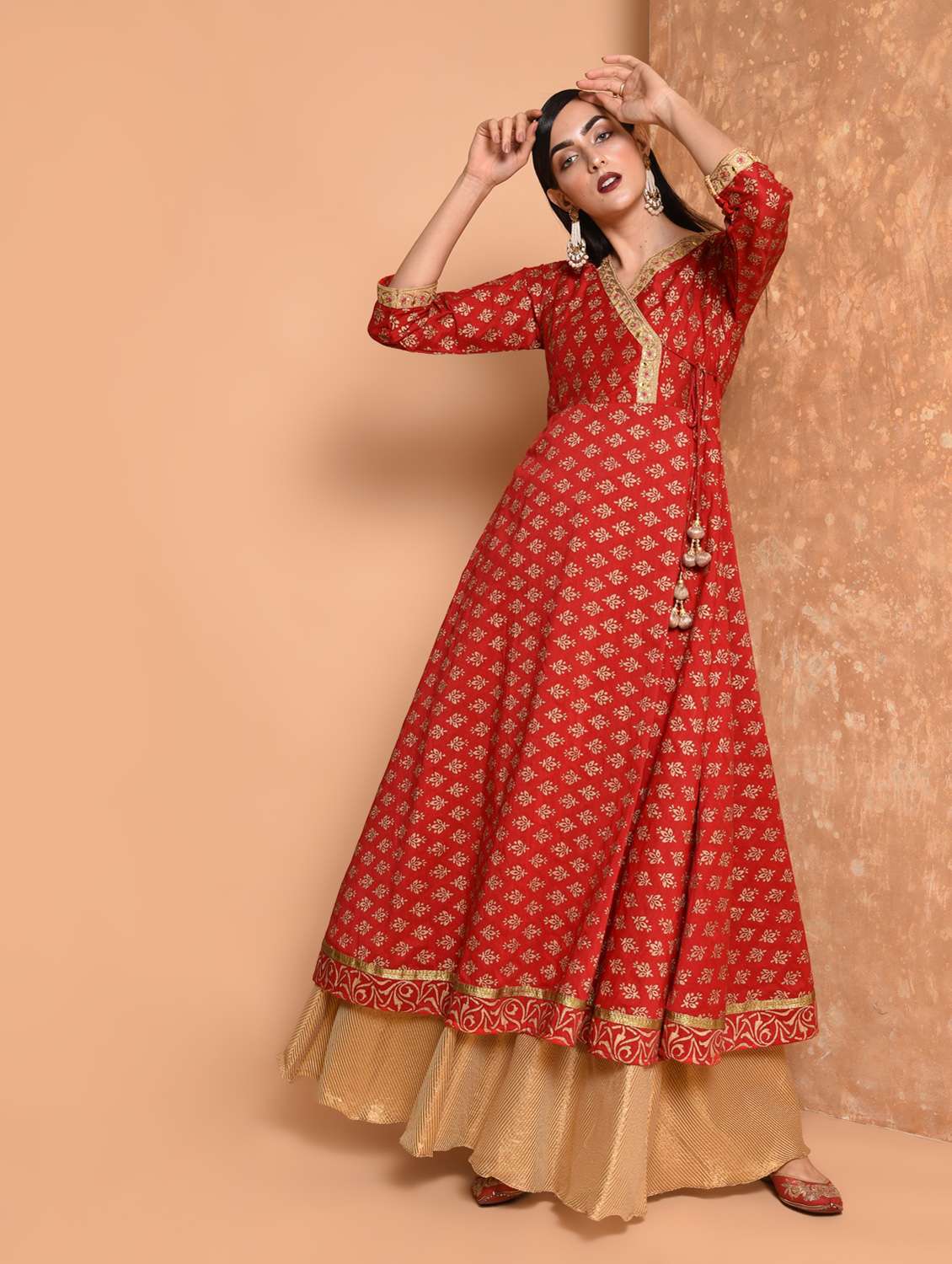 foil print angrakha kurta with tassels