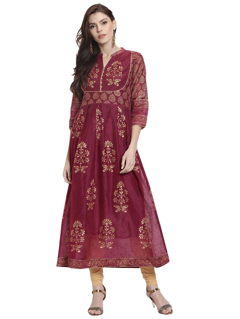 burgundy foil print anarkali dress