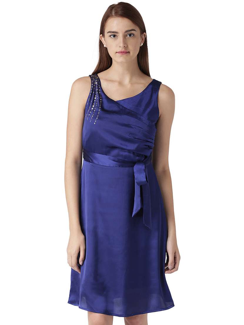 pleat detail sequined belted dress