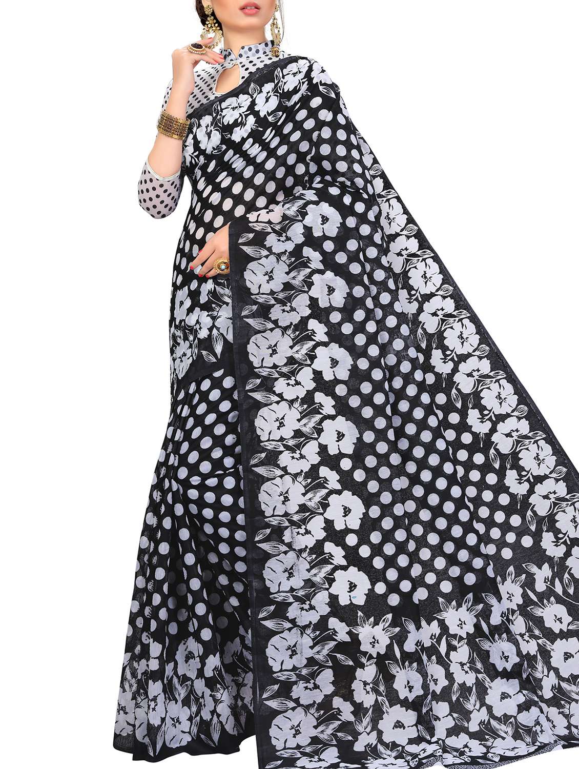 polka dots printed saree with blouse