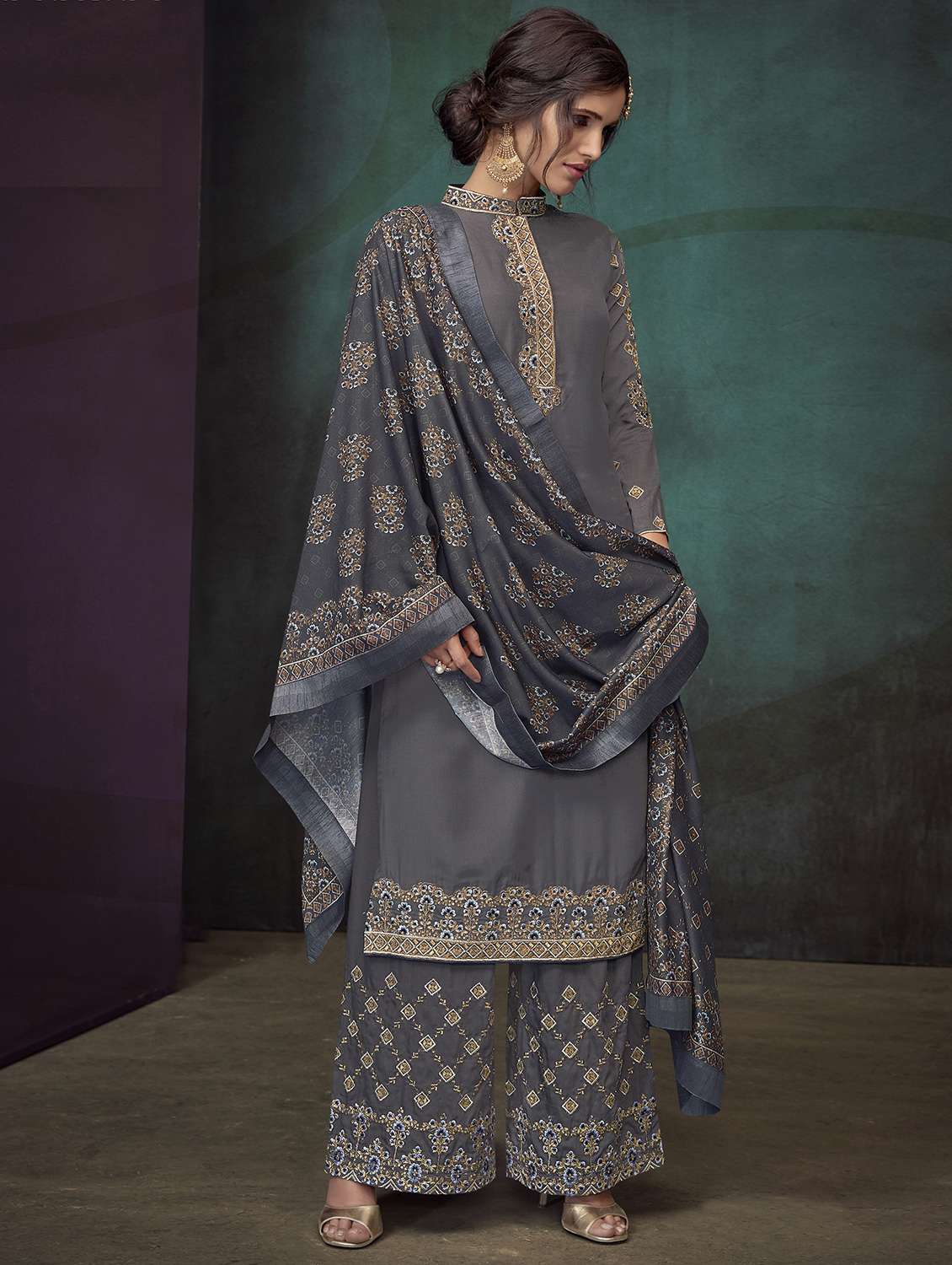embroidered silk palazzo suit
