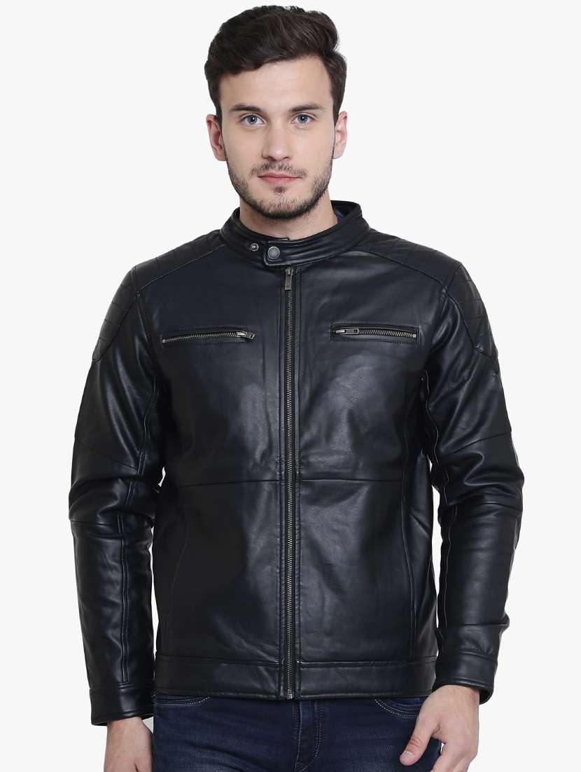 black solid leatherette biker jacket