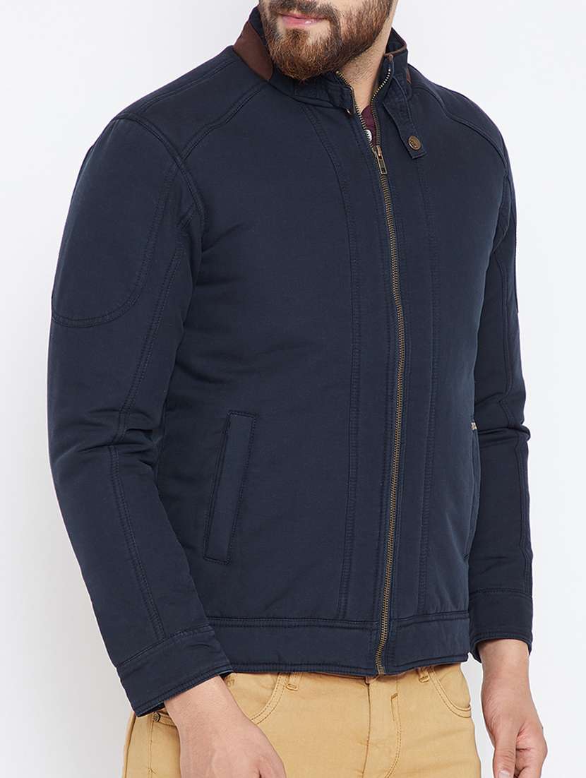 navy blue solid casual jacket - 15722136 -  Standard Image - 1