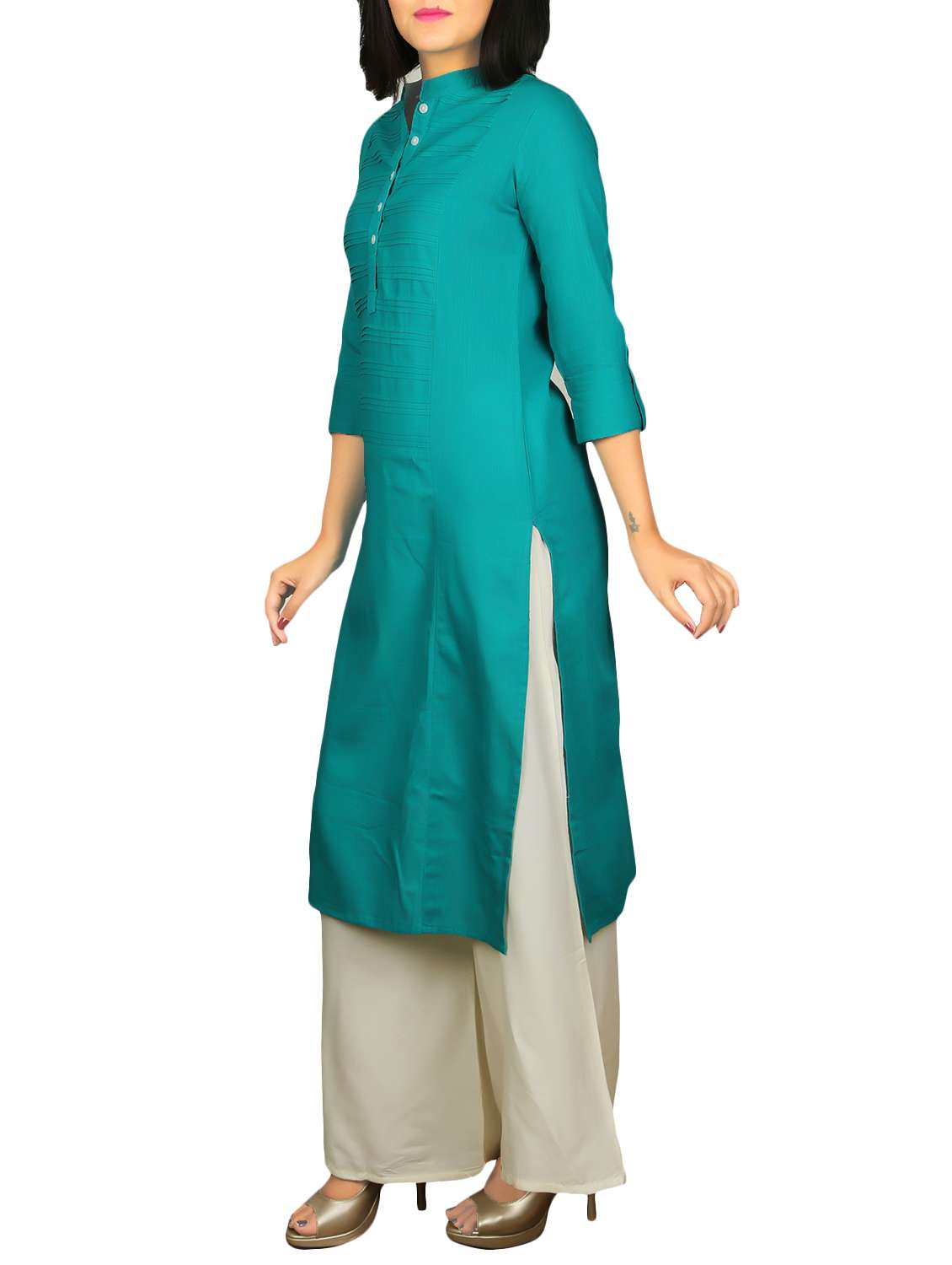 teal pintucks solid kurta - 15722492 - Standard Image - 1