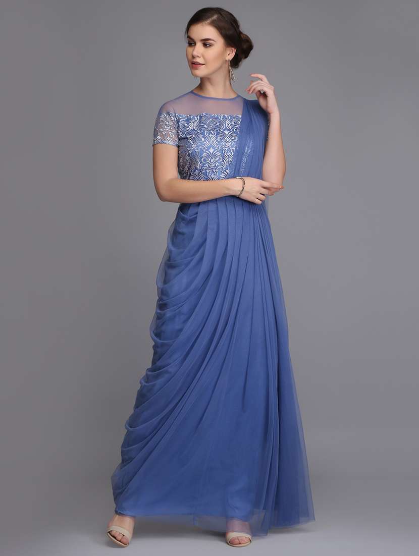 embroidered net flared gown