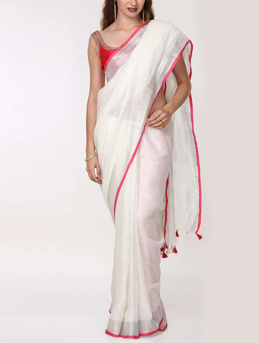 white linen handloom saree with blouse