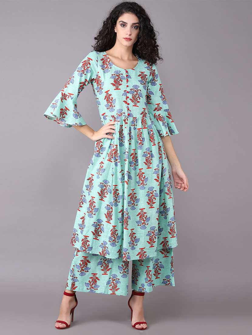 printed bell sleeved kurta with palazzo set