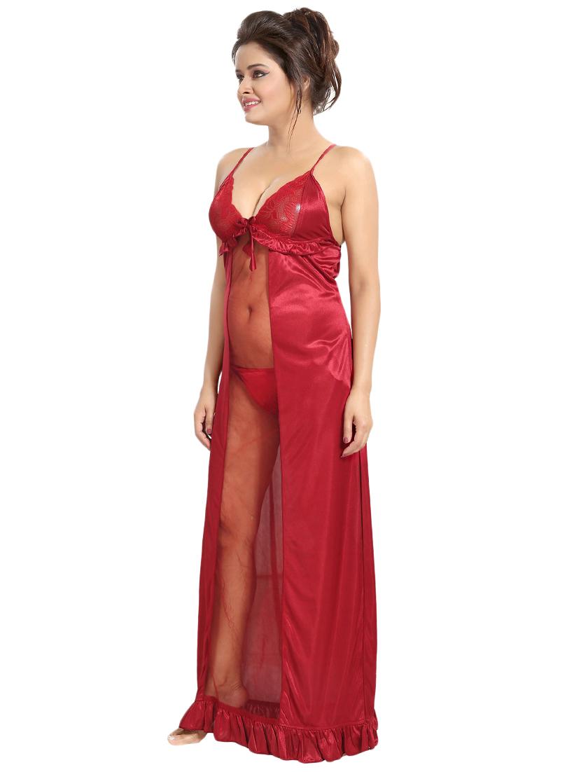 women red sheer panel lace detail nighty - 15739353 - Standard Image - 1