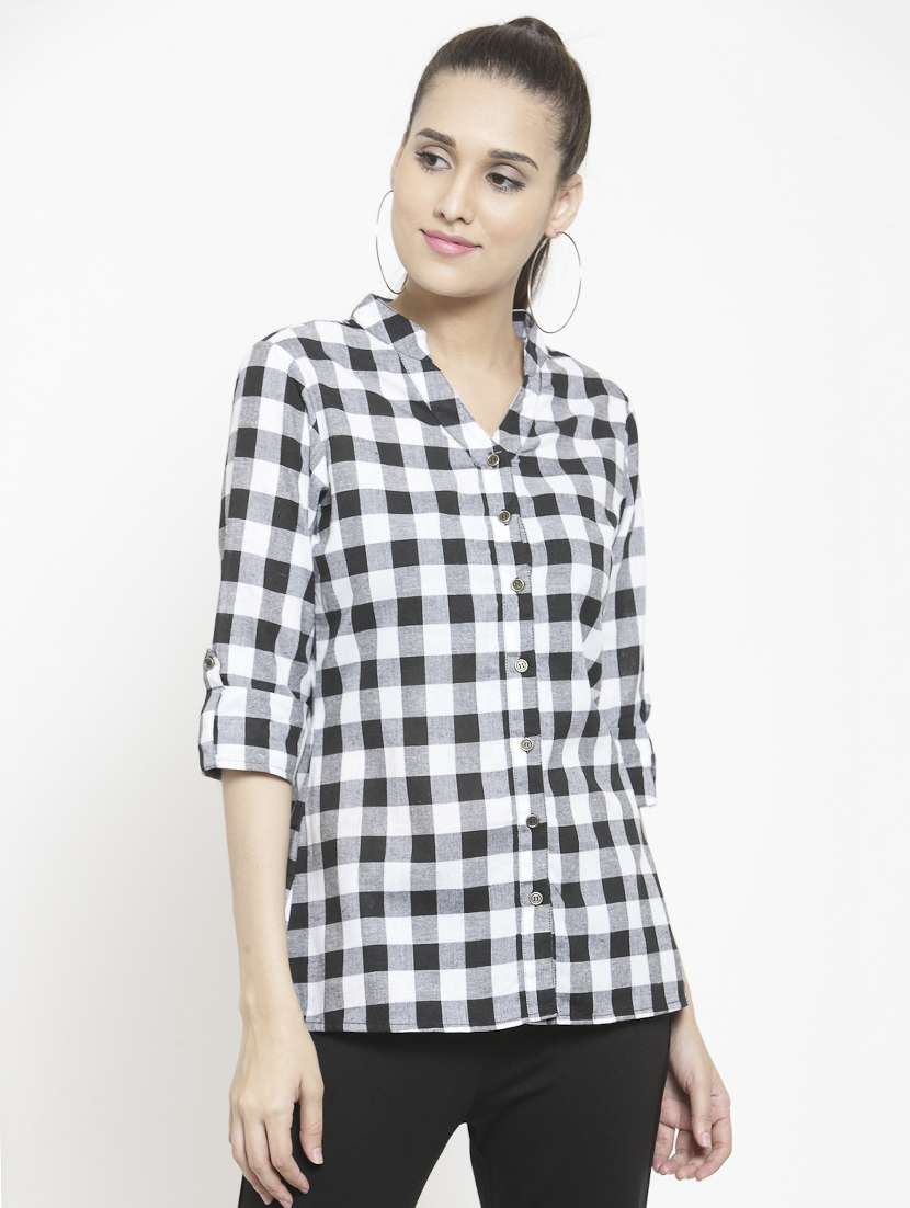mandarin collar checkered shirt