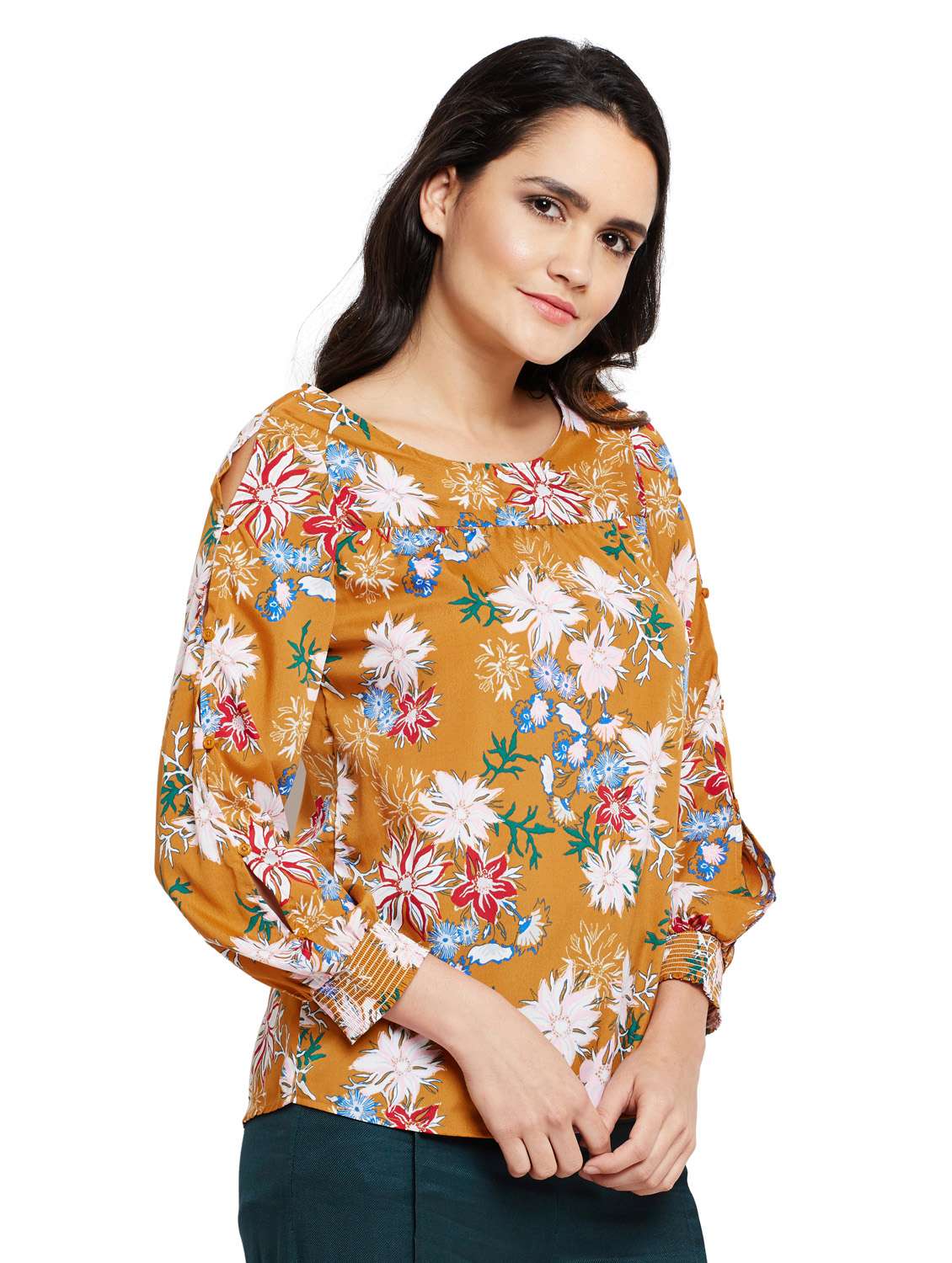 smocked cuff slit sleeved top - 15750529 -  Standard Image - 1