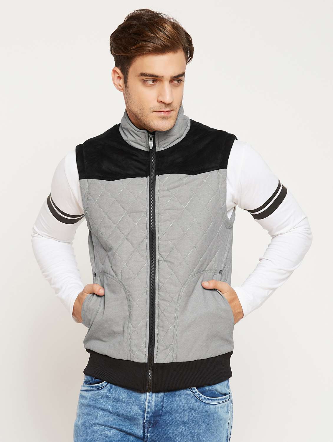 grey color block quilted jacket