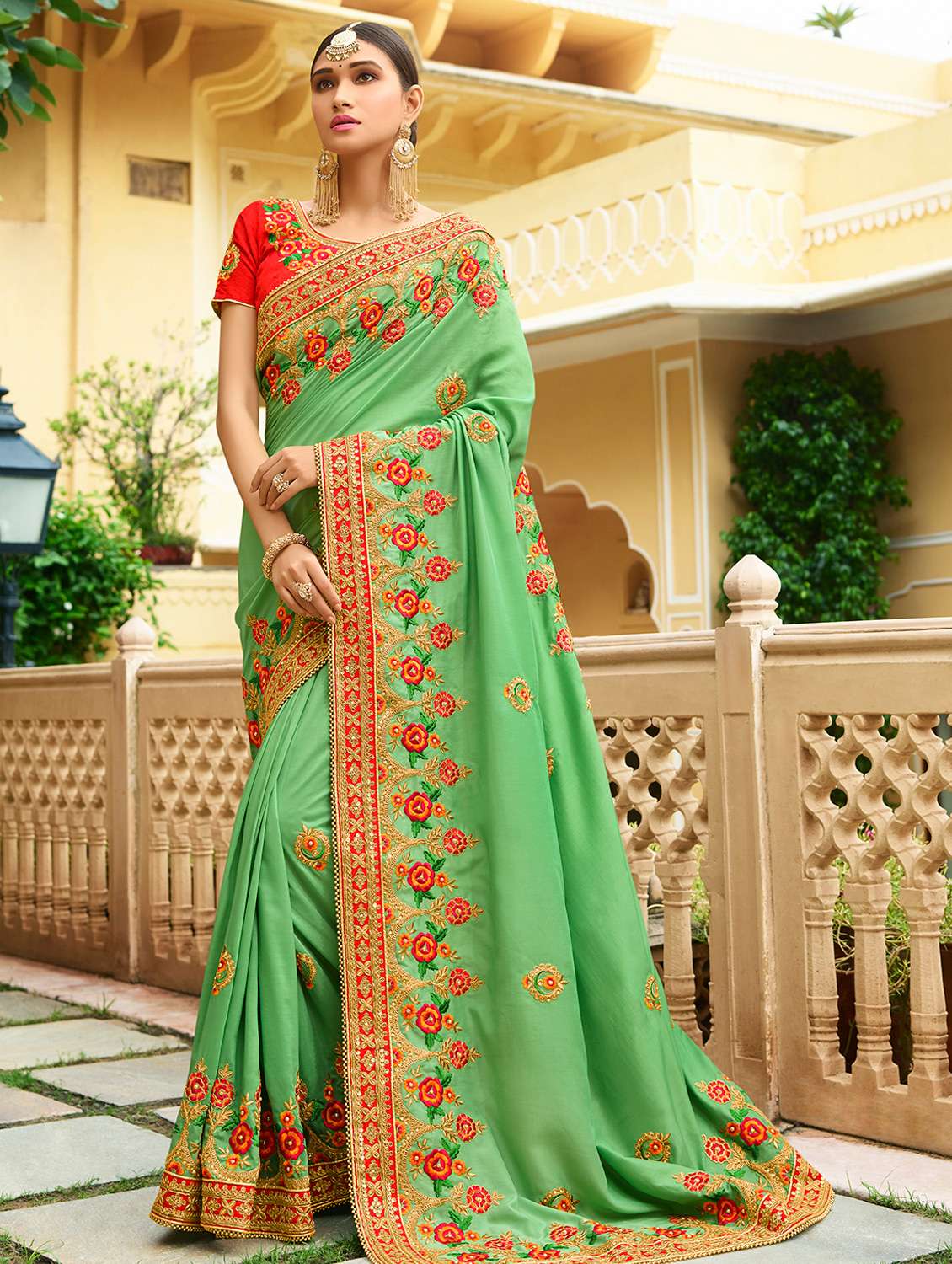 contrast bordered floral embroidered saree with blouse