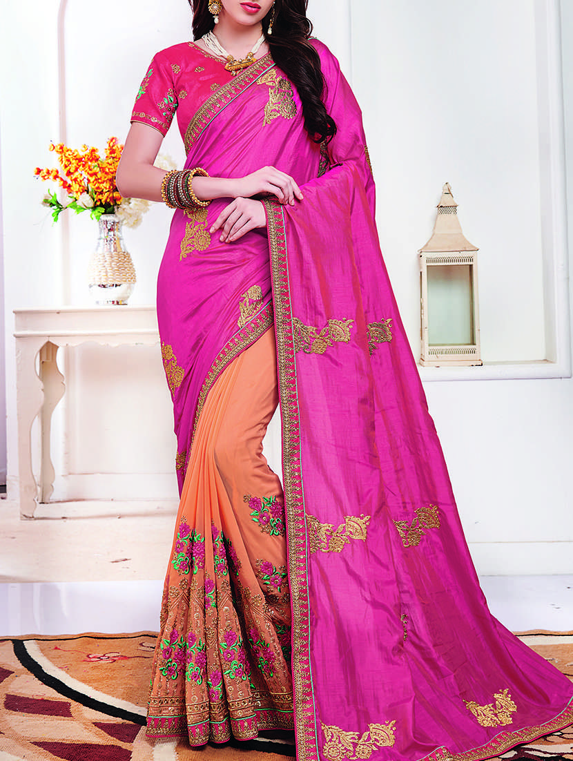half & half embroidered saree with blouse