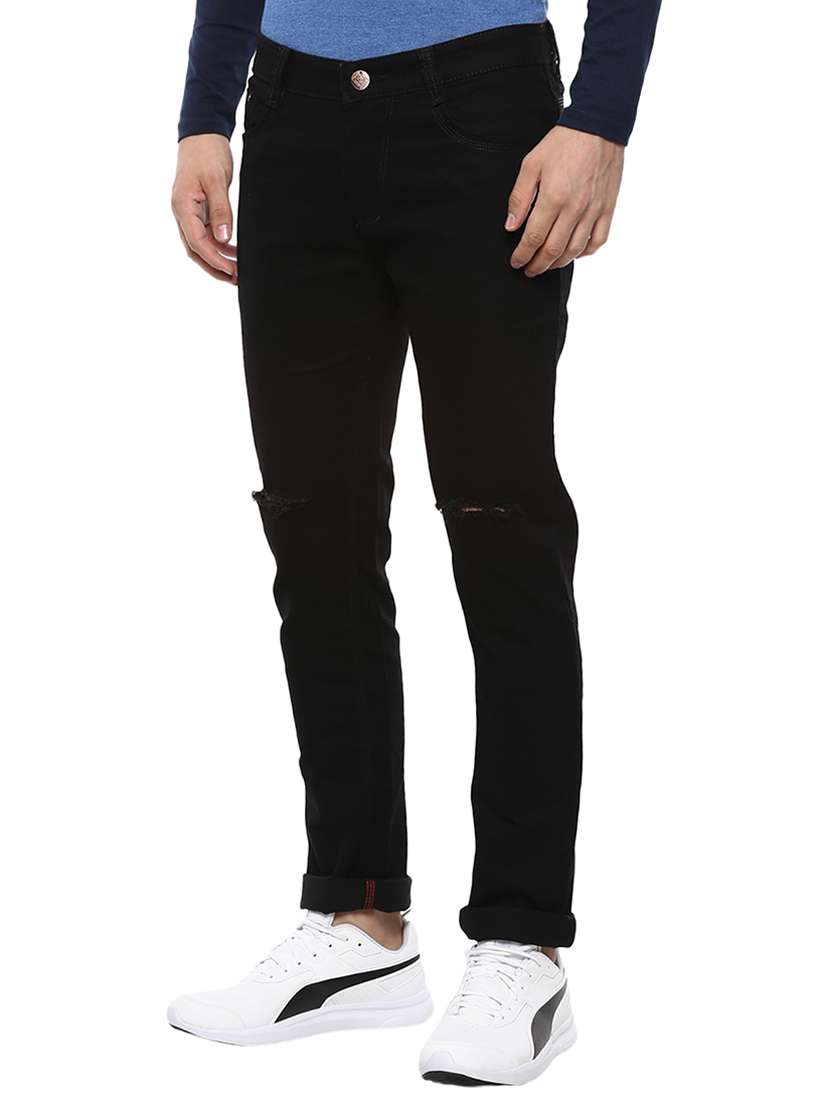 black cotton blend slash knee jeans