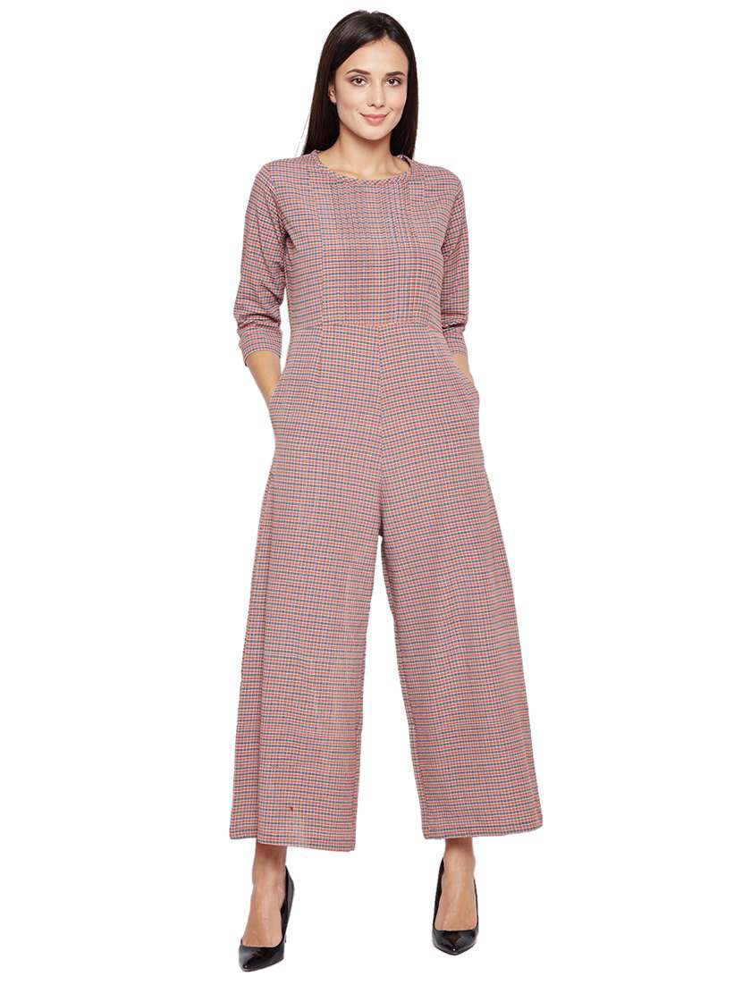 pin-tucked checkered wide leg jumpsuit